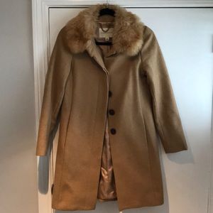 Camel Colored Pea Coat with Fur Collar